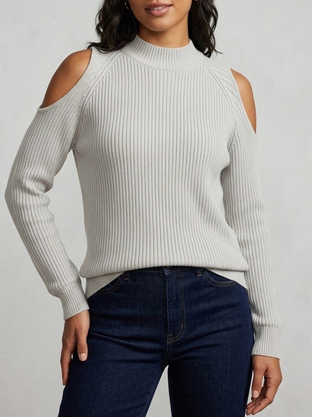 H&M Light Gray Cold-Shoulder Ribbed Turtleneck Sweater